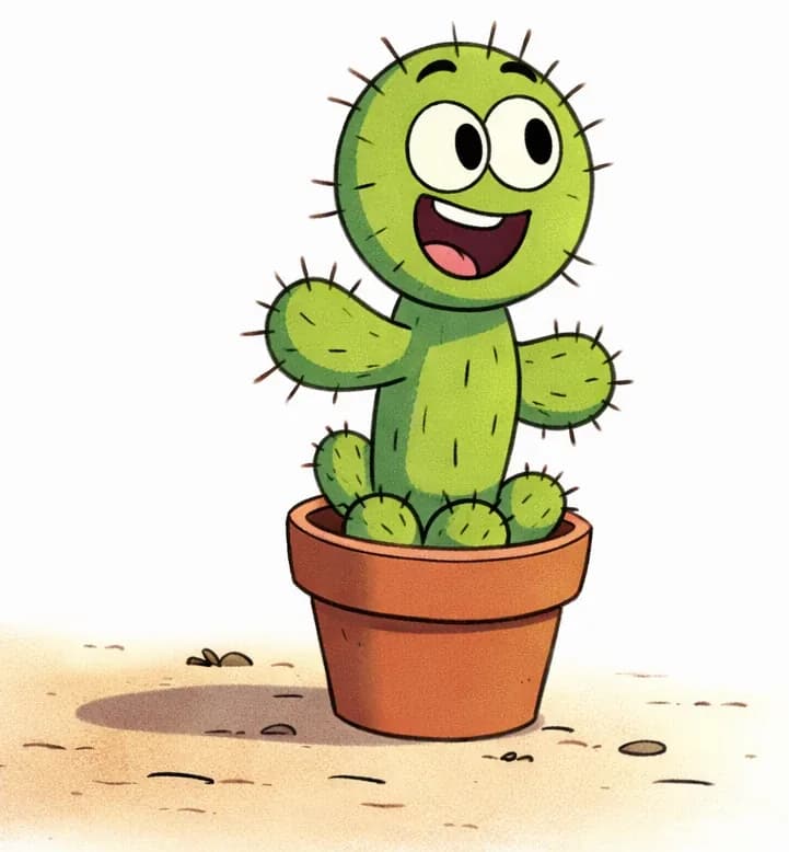 On the left side of the image, Spike stands in his terracotta pot in an empty garden, looking outward with a bright, determined smile — as if he has just decided to find somewhere new. The garden around him is bare and quiet, emphasizing that he is alone with no other spikey plants in sight. The background is plain white, suggesting open space and possibility ahead.