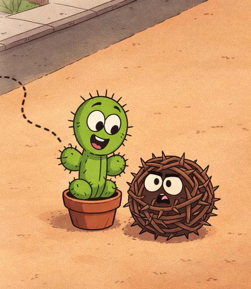 On the right side of the image, Spike stands in his terracotta pot on sandy, dry terrain just beyond a road, looking curiously at Thorn bush with a happy, excited expression. A dashed line traces Spike's path from the road across to his current position. Thorn bush sits beside Spike as a round, ball-shaped tangle of dark brown thorny vines with small spikes protruding in all directions, with two large white mismatched eyes and a small open dark mouth, looking back at Spike. The scene is set outdoors in a sandy, arid landscape with a paved road and sidewalk visible in the upper-left corner, along with a hint of greenery near the roadside.