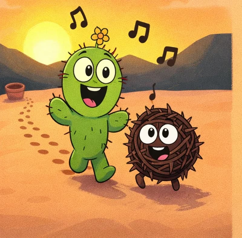 On the left side of the image, Spike and Thorn bush walk together across sandy dunes at sunset, both with wide joyful smiles as if singing together. Spike stands upright in the center-left without his pot, smiling broadly, with a small flower blooming from the top of his head and a dotted trail of footprints behind him leading back to a clay pot left by the road in the far background. Thorn bush — a round, dark brown ball of thorny vines with mismatched white eyes and a small open mouth — bounces along beside Spike on the right. Dark mountains and a glowing sun sit on the horizon. The right side of the image is plain sandy background with warm golden sky.