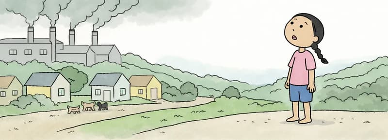 In the lower-right portion of the image, Panha stands gazing upward at the hazy, smog-filled sky with a curious, contemplative expression. She is positioned on a dirt road at the edge of a small suburban American neighborhood nestled among green, tree-covered hills, with a large factory billowing smoke from its chimneys visible in the background on the left. The sky is thick with gray-green smog that hangs heavily over the rooftops. A couple of small dogs are visible on the road near the houses in the lower-left area.