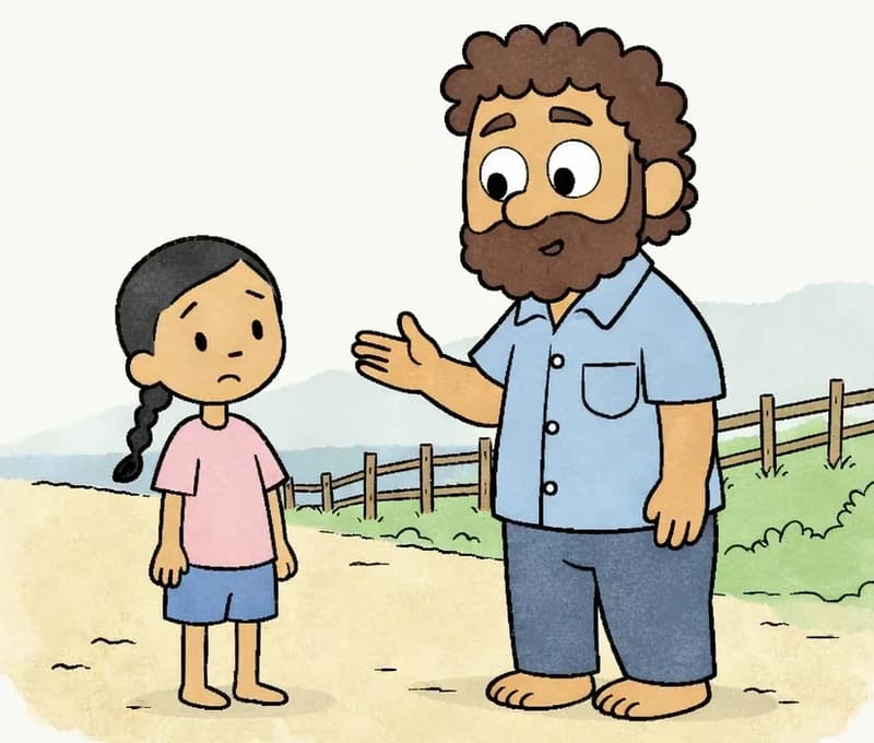 On the right side of the image, Dad stands in the foreground with a serious, reflective expression, one hand raised as he speaks and gestures. Panha stands to his left, facing Dad with a frown and her hands at her sides, listening with a wistful, unhappy expression. The outdoor scene is set along a dirt path bordered by a wooden fence and lush green vegetation, under an overcast, hazy sky suggesting smoggy conditions. A body of water is visible in the background.