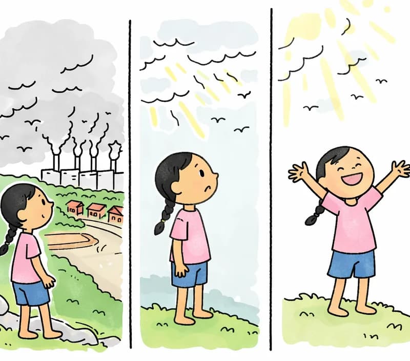 The image is split into three vertical panels. In the left panel, Panha — a girl with a black braided pigtail, pink t-shirt, and blue shorts, barefoot — stands on a rocky, grassy hillside on the left side, seen in profile looking out over a suburban neighborhood below with small red-roofed houses and a winding road, while factories in the distance belch smoke and smog into a gray, overcast sky. In the middle panel, Panha stands on the grass in profile, looking up with a curious, uncertain expression at the gray clouds above, where faint yellow rays of sunlight begin to peek through and small birds fly. In the right panel, Panha stands on the grassy hilltop facing forward, beaming with a wide open-mouthed smile and both arms spread wide, looking up joyfully as bright sunlight breaks through the thinning clouds above. Small birds are visible flying in the lighter sky.