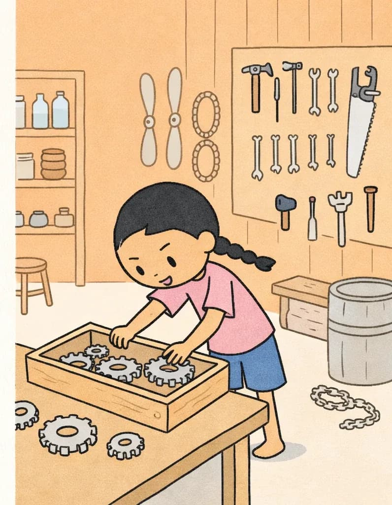 Panha stands at a workbench on the right-center of the image inside a wooden workshop, leaning over a wooden frame with a focused, determined expression as she inserts gears into the frame with both hands. The indoor workshop is filled with tools — a pegboard of hand tools (wrenches, saws, hammers) on the right wall, propeller blades, gears, chains, a barrel, and lumber scattered around the floor. A shelf unit with supplies stands to the left, and a small wooden stool sits nearby. The warm, amber-toned lighting gives the garage workshop a cozy feel.