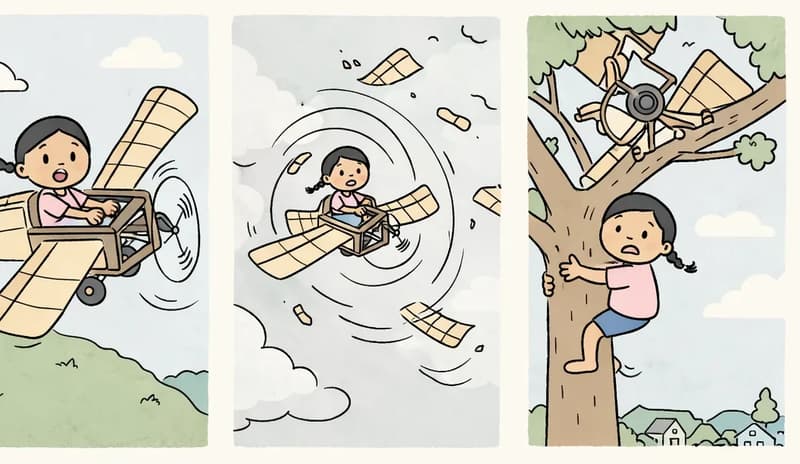 The image is a three-panel comic-style sequence positioned on the left side. In the first panel, Panha sits in the cockpit of a handmade wooden plane on a grassy hilltop, gripping the frame with a determined expression as the propeller spins and the plane lifts off. In the second panel, the plane spirals out of control through a cloudy sky, breaking apart mid-flight as pieces of wood fly off. In the third panel, Panha clings to the trunk of a tall oak tree with a frustrated but determined expression, the crashed plane's wreckage wedged in the branches above her, as she works her way down. A suburban American neighborhood with houses is visible in the background below the hill.