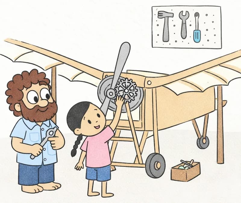 On the right side of the image, Panha stands next to a large handmade wooden airplane with wide fabric-covered wings and a front propeller. She is reaching up with one hand to adjust gears near the propeller mechanism, looking at them with a focused, determined expression. Dad stands nearby on the left, holding a wrench and watching Panha work with a supportive expression. The scene is set indoors in the garage workshop, with a toolbox on the ground nearby and tools hanging on the wall behind them.