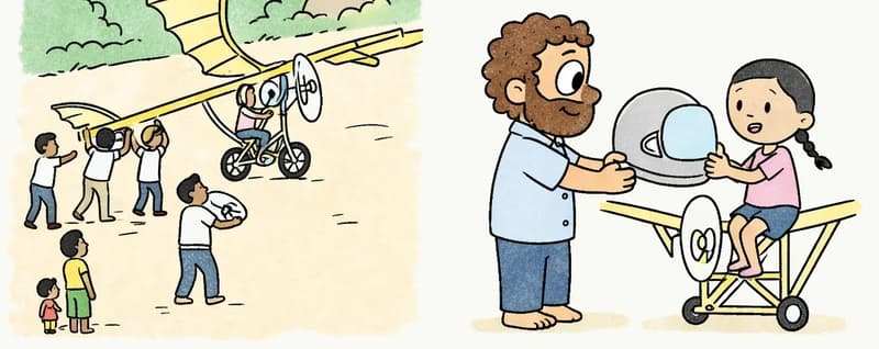The image is a two-panel illustration. In the left panel, on the left side, a group of townspeople gathers outdoors to watch as a handmade bicycle-powered flying machine is wheeled forward on a dirt path, with trees and large rocks in the background. In the right panel, shown on the left side, Dad stands facing Panha with a proud, encouraging expression, holding out a flight helmet toward her; Panha sits on the seat of the flying machine, looking determined and slightly nervous as she reaches to accept the helmet. The right portion of the overall image is plain white background.