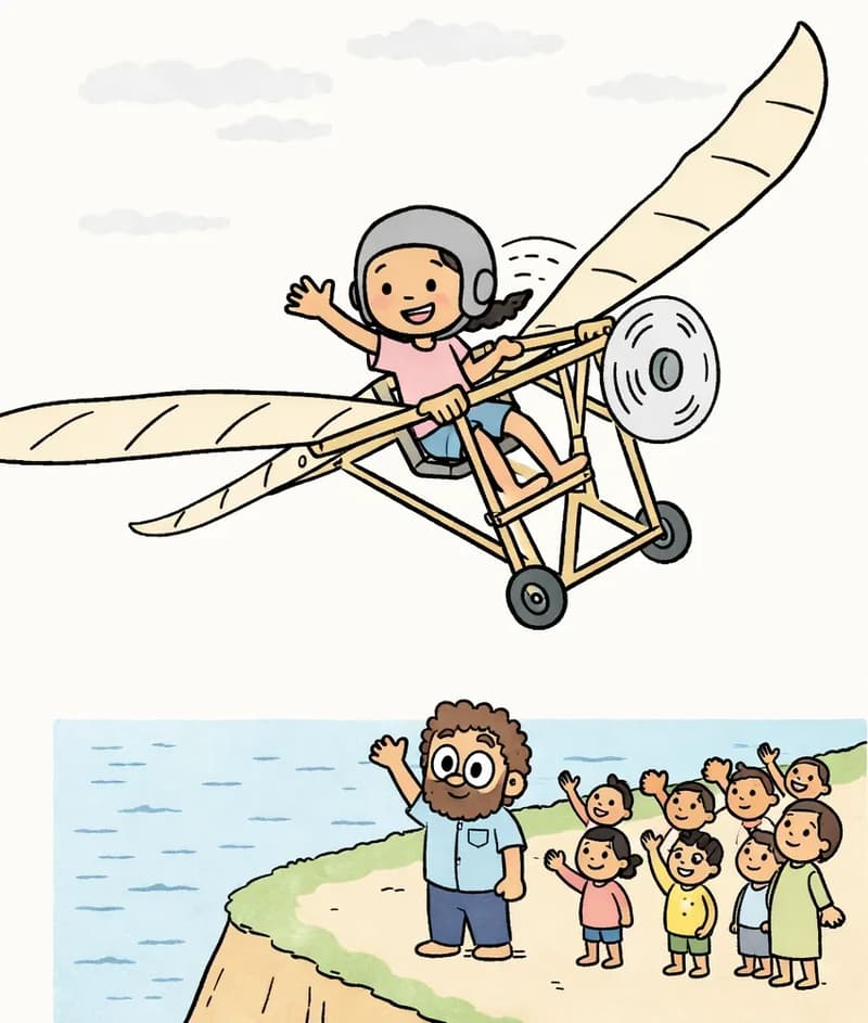 On the right side of the image, Panha sits in the cockpit of a handmade wooden plane with large fabric wings and a propeller, wearing a flight helmet, soaring out over the ocean from a grassy coastal cliff edge. She grips the frame with one hand and looks down with a joyful, excited expression, waving with her other hand. Below on the cliff in the center-right, Dad stands among a crowd of townspeople on a sandy clearing, waving up at Panha as she flies overhead. The scene is outdoors under an overcast sky with the sea stretching to the horizon.