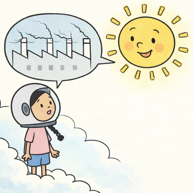 On the left side of the image, Panha stands among clouds wearing a flight helmet, looking upward toward Sun, who floats above as a large, friendly, anthropomorphic sun with a knowing expression and a slight smile. Sun has a speech bubble containing an image of smoking factory chimneys, explaining to Panha that smog from the factories is blocking the light. The scene is set high in the sky, surrounded by hazy yellow light and soft clouds, with the right side open as plain golden-yellow sky.