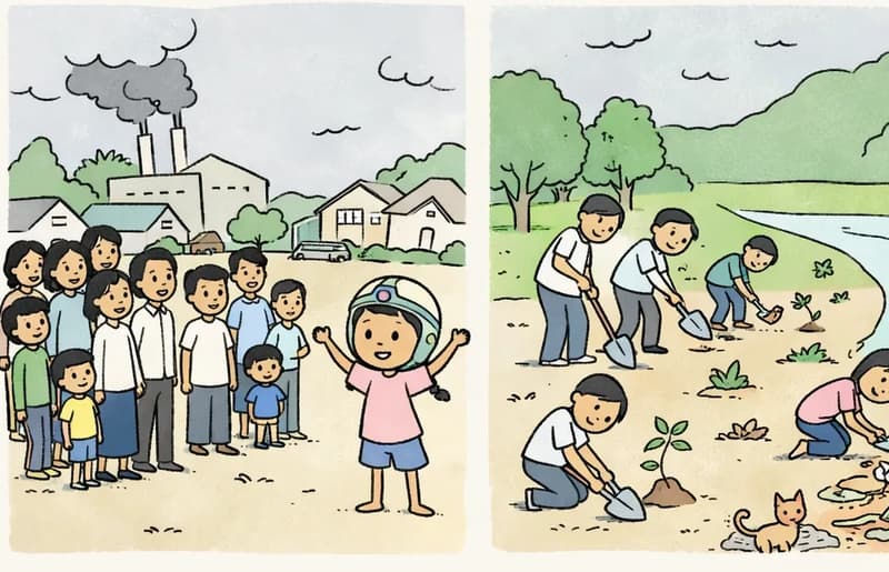 On the right side of the image, a two-panel scene shows Panha rallying her community to take action. In the left panel, Panha stands at the center-right wearing a flight helmet, with her arms raised enthusiastically, addressing a large crowd of townspeople gathered in a suburban American neighborhood with houses and trees in the background under an overcast, polluted sky with a factory visible behind them. In the right panel, the townspeople are shown working together on the right side — digging with shovels, planting saplings, and clearing debris along a riverbank near a hillside, with determined and focused expressions as they restore the landscape.