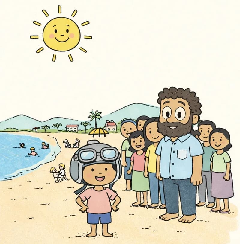 On the left and center of the image, Panha stands in the foreground on a sandy beach wearing a flight helmet, smiling proudly, while Dad stands among a large gathered crowd of townspeople behind her, also smiling. Sun beams down from the upper-left corner with a big, cheerful smile. In the background, people are swimming in the water, children play on the sand, and someone relaxes on a lounge chair under an umbrella, with a suburban neighborhood and green hills visible beyond the beach. The right side of the image is plain background.