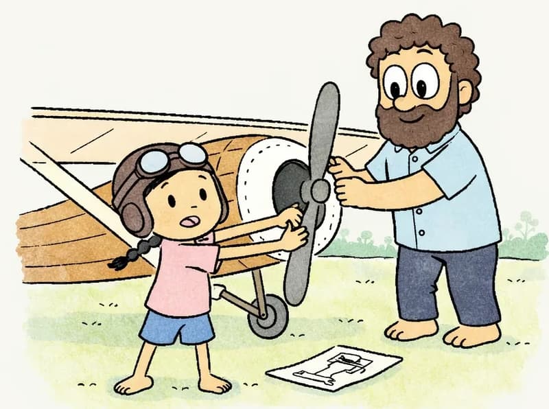 In the lower half of the image, Panha stands in front of a handmade wooden propeller plane wearing a flight helmet, gripping the propeller with a determined expression, while Dad stands just behind her with his hands on the plane's nose, smiling gently as they prepare together. A paper plan or blueprint lies on the ground near Panha's feet. The scene is set outdoors on a flat grassy field with a clear blue sky and distant trees in the background.