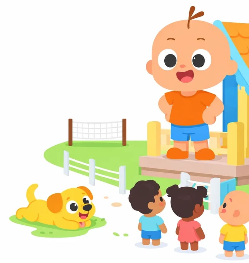 On the right side of the image, Vic stands on the porch of a house with hands on his hips in a confident, expectant pose, looking out toward a group of children gathered in the yard below. Dog lies on the ground near the bottom-left of the scene, relaxed and stretching out in the grass. Several children stand along a fence looking up toward Vic with curious expressions, while a volleyball net is visible in the yard, setting an outdoor after-school atmosphere in bright daylight.