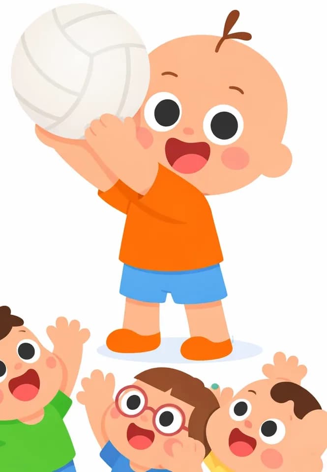On the right side of the image, Vic holds up a big white volleyball with both hands, presenting it proudly to a group of children below. Along the bottom of the image, several small children look upward with excited, wide-eyed expressions, hands raised eagerly toward the ball. The scene is set against a plain white background, with the left side of the image kept clear.