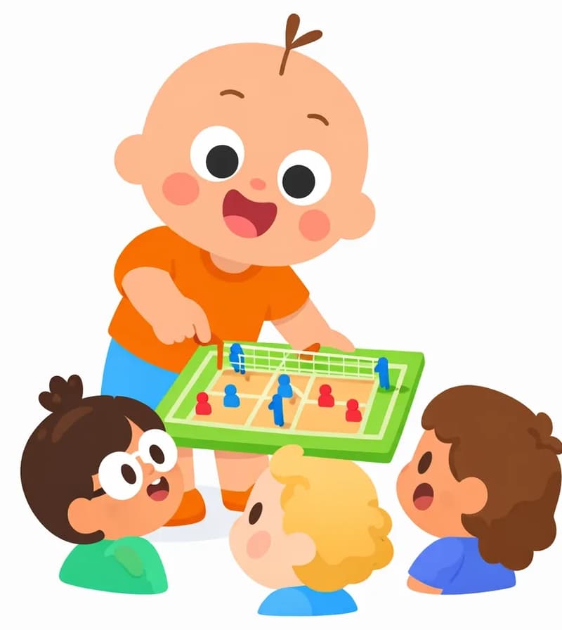 On the left side of the image, Vic stands behind a small tabletop model of a volleyball court, smiling broadly and pointing down at it with one hand while a group of children gather around him, looking at the model with interest. The miniature court shows a net across the middle with tiny player figures on each side and a small ball. Vic has an enthusiastic, explanatory expression as he presents the model to the other kids.