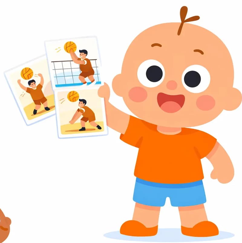 On the right side of the image, Vic holds up three photo-style illustrations showing volleyball action shots: one depicts a player jumping high with arms raised to spike the ball over the net, another shows a player in a low crouching stance preparing to dig the ball, and the third shows a player at the net spiking the volleyball over it with a determined expression. In the bottom-left corner, a group of small children watch closely and nod with attentive expressions.