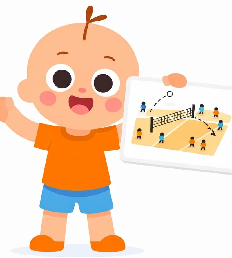 On the left side of the image, Vic holds up a diagram of a volleyball court, showing an overhead view with players positioned on both sides of a net. A dashed arrow on the diagram shows the ball's trajectory arcing to a gap where no one stands on the opposing side. Vic looks out at the viewer with an instructive expression, watching to make sure the audience understands. The background is plain white, leaving the right side open.