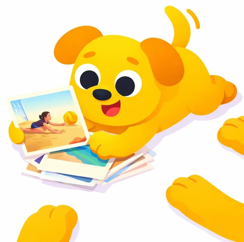 On the right side of the image, Dog is lying on its belly holding a stack of photographs in one paw, looking down at the top photo with tail wagging. The top photo shows a person diving across sandy beach to reach a volleyball, with a net visible in the background. Several of Dog's paws are visible around the edges of the frame as it browses through the photos. The scene is set against a plain white background.