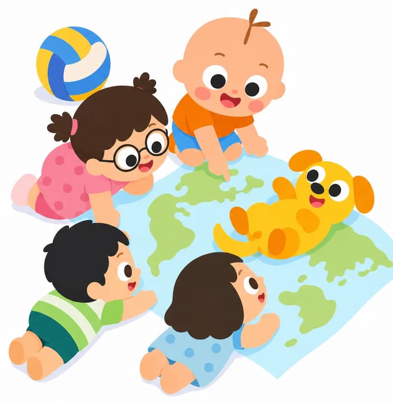 On the left side of the image, Vic kneels on the floor and stretches a large world map across the ground, pointing down at various locations with one hand while two children gather around him, looking down at the map with curious expressions. A volleyball sits nearby in the upper left. Dog lies on its back right in the middle of the world map, relaxed and playful, rolling around. A child with glasses watches Dog and grins. The right side of the image is plain white background.