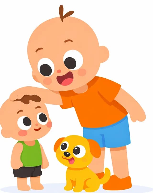 On the right side of the image, Vic leans down from above, smiling encouragingly and reaching down to pat Tim on the head. Tim stands looking up at Vic with a shy smile. Dog sits beside Tim at his side, looking up attentively with tail wagging. In the center-left area, several other children are gathered on the ground — two lying on their stomachs looking at a map or large paper, and one standing child watching with wide eyes.