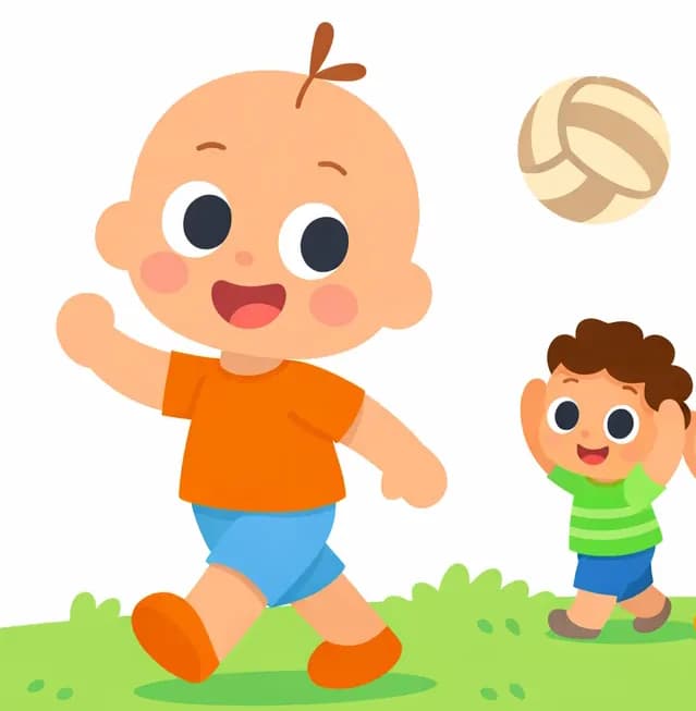 On the left side of the image, Vic strides confidently forward into the yard, looking back over his shoulder at a line of small children who follow behind him with eager, wide-eyed expressions. Dog trots along at the back of the line on all fours with ears bouncing, looking excited. A volleyball sails through the air above them. The scene is set outdoors on grass with a plain white background on the right side.