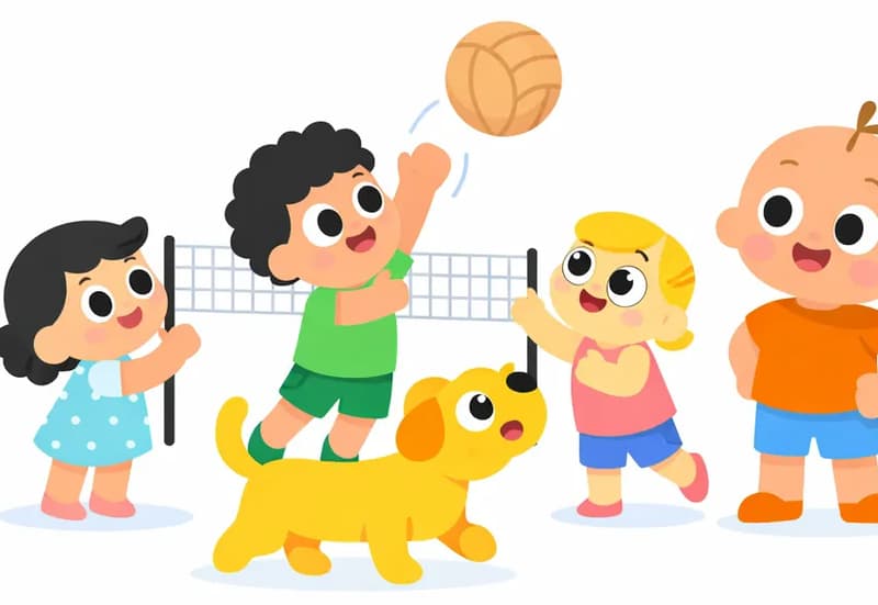 On the right side of the image, a group of children practice volleyball outdoors near a low net, with one child tossing the ball up while another reaches high to send it over the net. The others watch eagerly with excited expressions. Dog crouches in the middle of the group, looking up at the ball with an alert, ready expression as if about to snatch it. Vic stands on the far right with hands on hips, smiling and supervising the practice session.