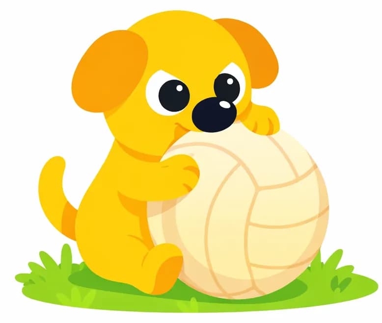 On the left side of the image, Dog sits on a patch of grass, hugging a large volleyball tightly with both front paws, pressing its nose right into the ball with a determined, possessive expression. The ball is nearly as big as Dog. The scene is outdoors on a bright day with a plain white background extending across the right side of the image.