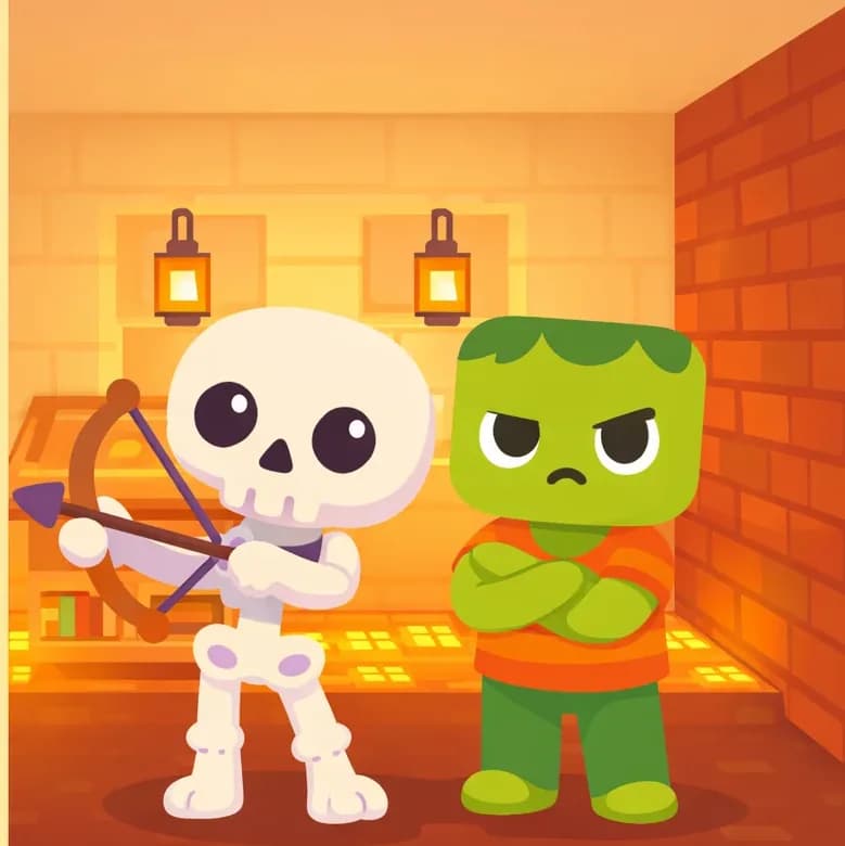 On the right side of the image, Skel and Zom stand together inside a warmly lit brick house. Skel stands slightly in front, facing the viewer with a proud, satisfied expression, his wooden brown bow slung over his shoulder. Zom stands just behind and to the right, also facing forward with a grumpy, displeased expression, arms crossed. The indoor scene features hanging lanterns, a wooden table or shelf with books, brick walls, and glowing floor lights, giving the room a cozy, warm ambiance. The left side of the image is plain background suitable for text overlay.