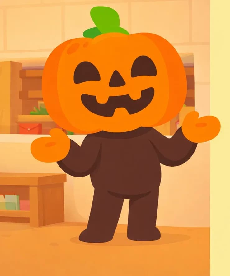 Jack stands on the left side of the image, facing forward with a carefree grin, shrugging with both orange mitten-like hands raised palm-up in an exaggerated 'who cares?' gesture. His jack-o'-lantern head displays a wide jagged smile. The scene is set indoors in what appears to be a messy room with wooden shelving and block-built walls, with warm lighting suggesting daytime. The right side of the image is plain background, clear for text overlay.
