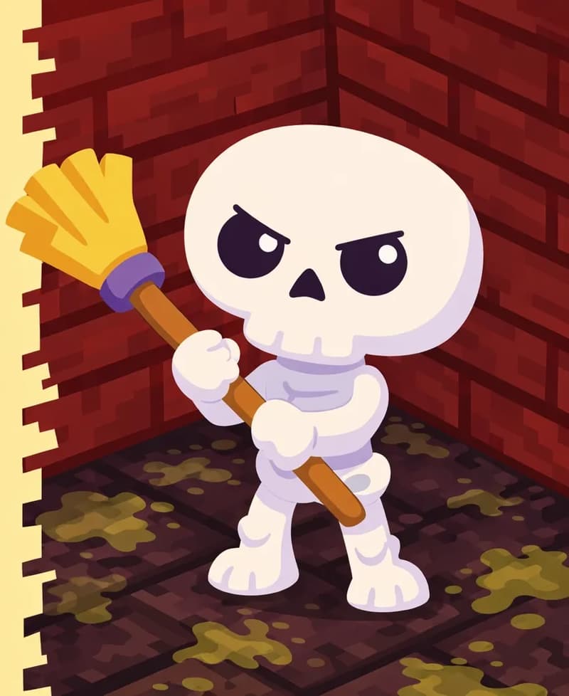 On the right side of the image, Skel stands with a frustrated, angry expression — mouth set in a flat frown and dark, annoyed eye sockets — gripping a broom tightly in both rounded hands, held upright like a weapon, as if he has stopped mid-sweep in defiance. His oversized round cream-white skull and small white dot pupils convey determination. The scene is set indoors against a warm yellow background, with dark reddish-brown block-style brick walls and grimy, muck-covered flooring suggesting a Minecraft-inspired aesthetic.