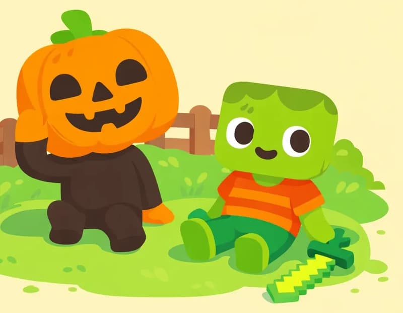 On the left side of the image, Jack stands in the foreground with a relaxed, laid-back pose, one orange mitten-like hand behind his jack-o'-lantern head, grinning wide. Just behind and to the right of Jack, Zom sits casually on the grass, leaning back on his hands with a contented grin, his pixelated light-green sword resting on the ground beside him. They appear calm and at ease together, enjoying doing nothing. The scene is set outdoors in a suburban backyard-style area with a wooden fence, green grass, and earthy terrain, under bright daytime lighting. The right ~40% of the image is plain pale-yellow background with no detail.