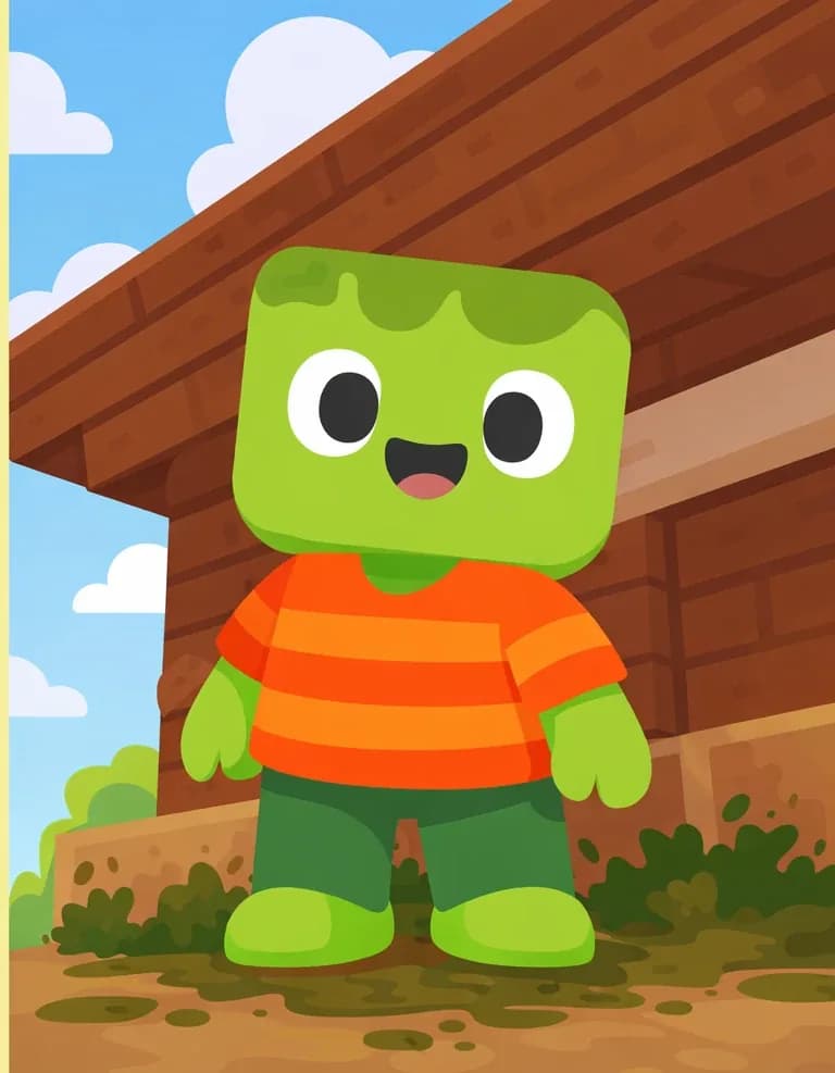 On the right side of the image, Zom stands in front of a wooden house, viewed from a low angle looking up. Zom has a wide, open-mouthed grin showing his small smiling mouth stretched wide, arms relaxed at his sides, appearing cheerful and completely unbothered. He wears his orange-and-red horizontally striped t-shirt with dark green pants and bright green shoes. Thick muck and grime is visible on the ground around his feet and along the base of the house. The scene is outdoors in daytime with blue sky and clouds visible behind the house's wooden roof overhang. The left side is plain yellow background, clear for text overlay.