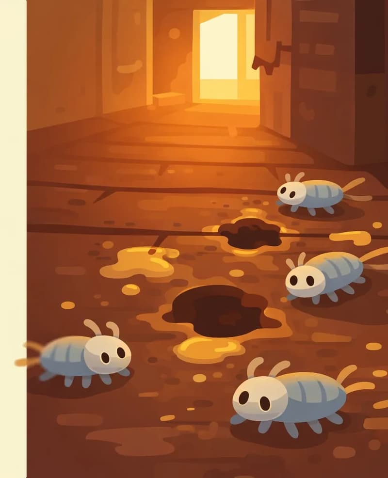 The image shows an interior scene of a dimly lit, run-down house viewed at a low angle across a dark, grimy floor. On the right side, sticky patches and holes are visible on the worn floorboards, with warm light glowing from a doorway or window in the background, highlighting the neglected state of the home. Several small silverfish-like insects are scattered across the floor in the center-right area, with more flicking past in motion. The left ~40% of the image is plain yellow-cream background reserved for text overlay.