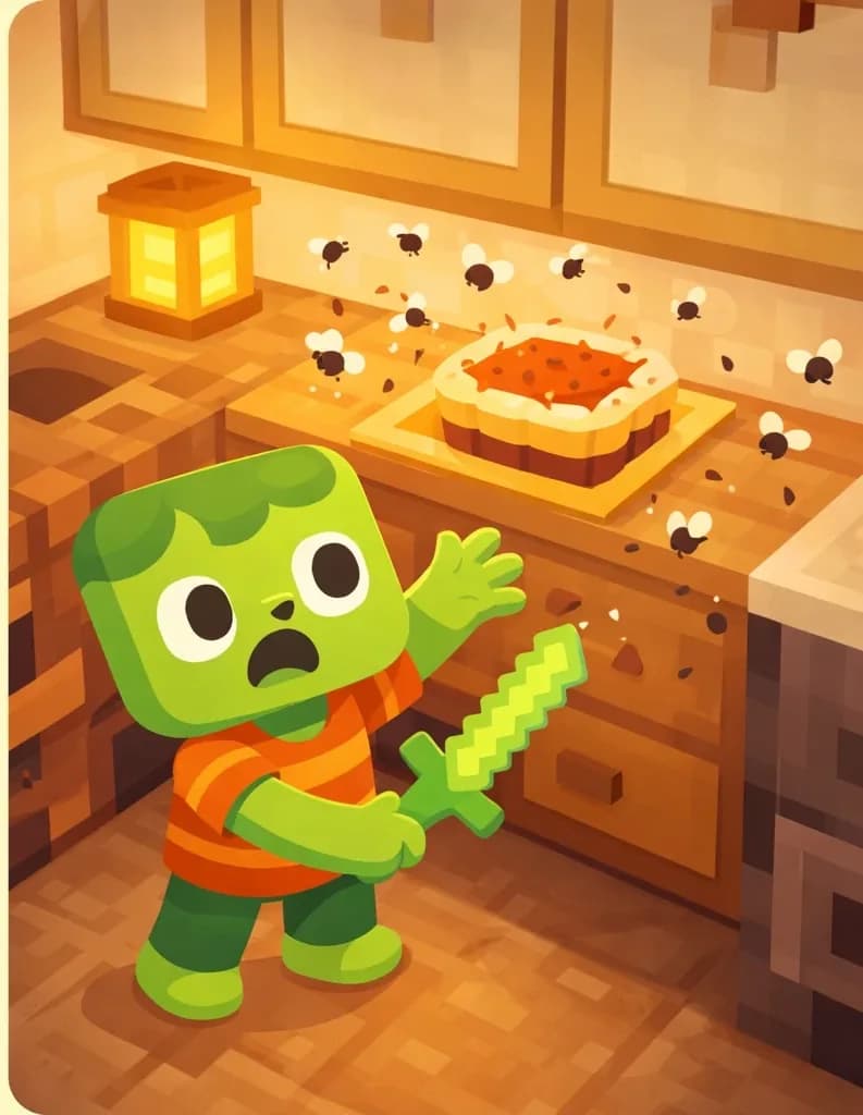 The image is rendered in a Minecraft-style blocky/voxel art style, viewed from a high angle looking down into a kitchen interior. On the right side of the image, Zom is standing on the kitchen floor, reaching toward the counter with an eager but dismayed expression, his light green skin and darker green messy hair visible from above. He wears his orange-and-red horizontally striped t-shirt. The kitchen has wooden cabinets mounted on the walls, a countertop with a pie sitting on it, and a glowing lantern providing warm light. Multiple flies buzz thickly around the pie and the room — small dark buzzing creatures swarming between Zom and his lunch. The scene is set indoors in a cozy, warmly lit kitchen. The left ~40% of the image is plain pale yellow background reserved for text.