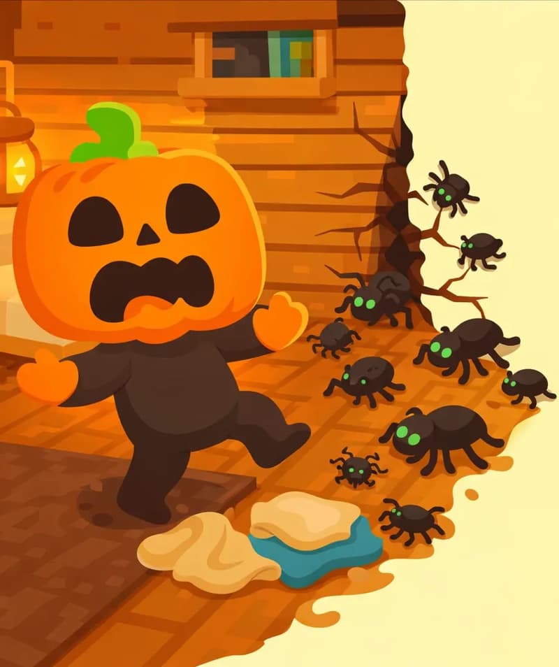 On the left side of the image, Jack stands inside a wooden house, stepping backward with arms outstretched in a startled, frightened pose, his jack-o'-lantern face showing wide carved eyes. He had been picking up cloths from the floor when dark bugs rushed out from a crack in the wall. Dark spiders and bugs crawl rapidly across the floor and furniture around him, emerging from a visible crack in the wooden wall or floorboards. The indoor scene features wooden plank walls, a hardwood floor with a rug, shelves, and a glowing jack-o'-lantern lantern on a table, giving the room a warm, cozy glow. The right ~40% of the image is plain pale yellow background.