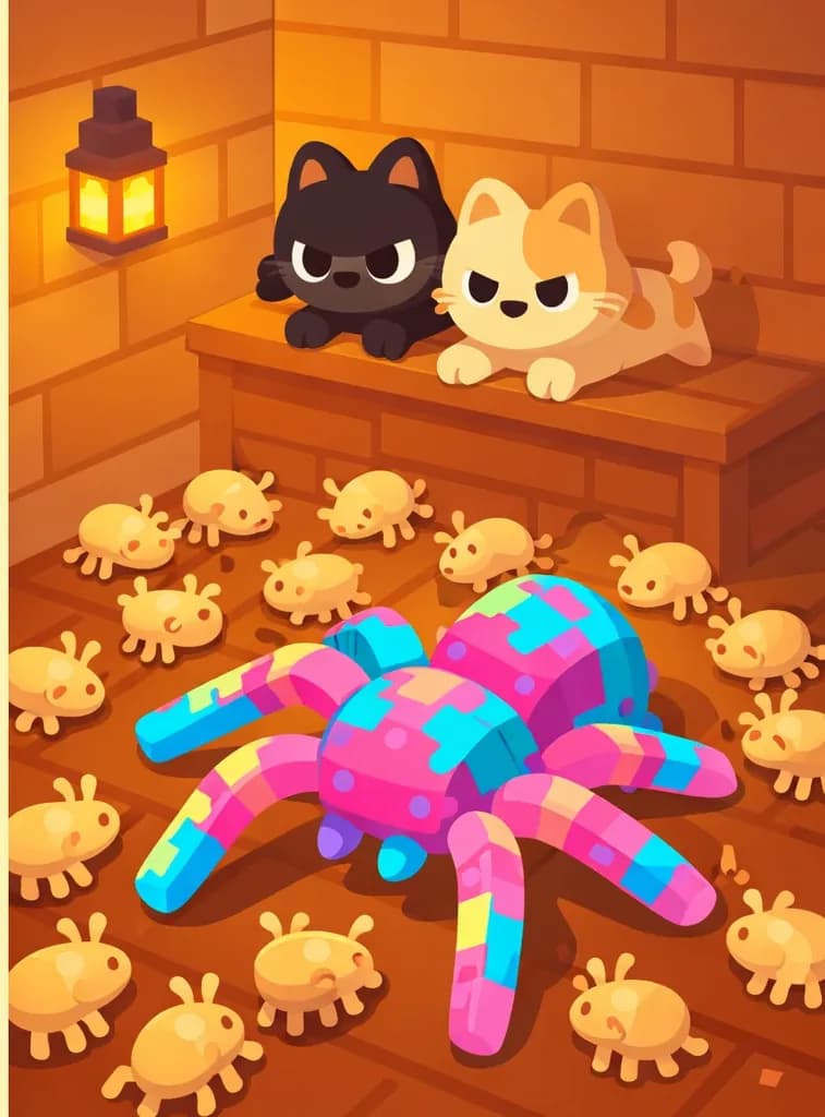On the right side of the image, inside a warm, lantern-lit indoor room with wooden walls and floors rendered in a blocky Minecraft-style aesthetic, two small pets — one dark-furred and one lighter — are positioned on and near a wooden shelf or counter in the upper-right corner, looking down with alert, determined expressions as they track the pests below. Scattered across the floor beneath them are several small, pale bug-like pests swarming thickly, with a large, brightly colored neon pink-and-cyan pest resembling a sprawling insect or spider-like creature dominating the center-right of the floor. The bugs clearly outnumber and overwhelm the two small pets. The left ~40% of the image is plain pale yellow background reserved for text.