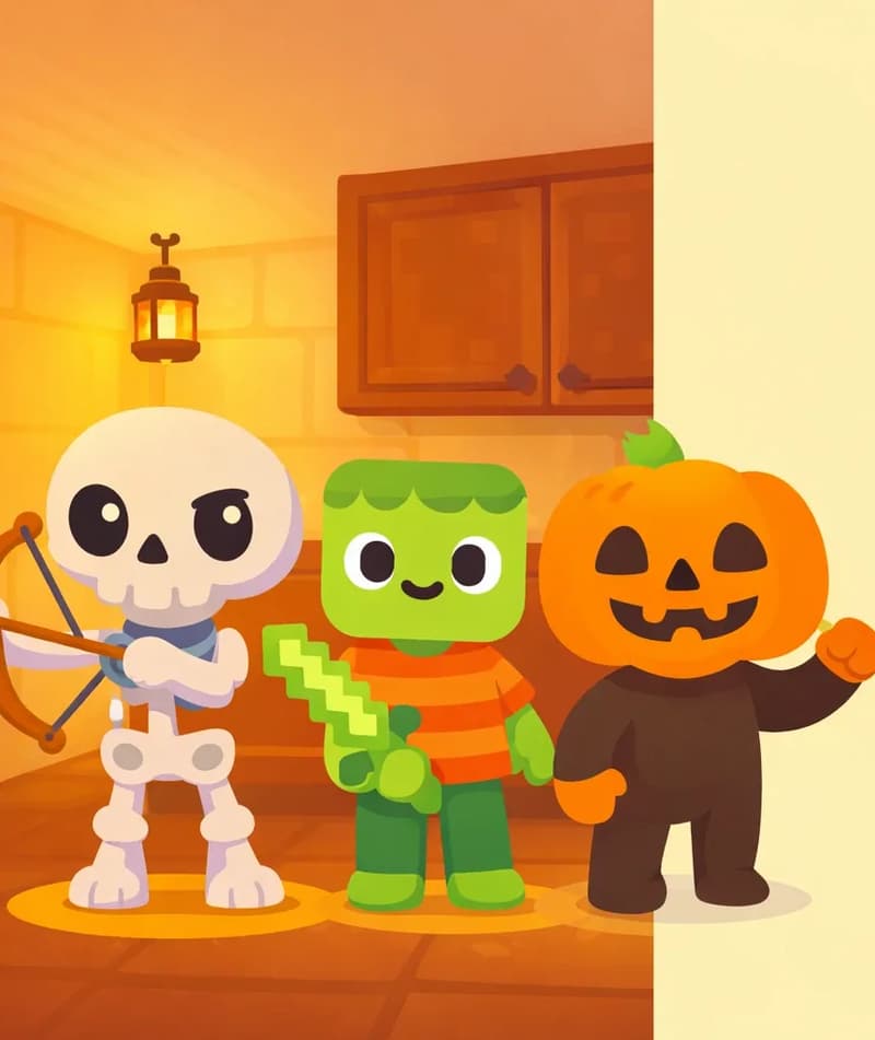 On the left side of the image, Skel stands in the center facing the viewer with a confident grin, his oversized round cream-white skull and small white dot pupils conveying determination. He holds his wooden brown bow in one hand. To Skel's left, Zom stands with a sheepish but ready expression, wearing his orange-and-red horizontally striped t-shirt and dark green pants, gripping his pixelated light-green sword. To Skel's right, Jack stands with his large orange jack-o'-lantern head and dark brown body suit, one orange mitten-like hand raised in a fist of resolve. All three face the viewer in a united, determined lineup. The scene is set in a warmly lit indoor room with wooden cabinets and a lantern hanging above. The right ~40% of the image is plain pale background with no detail.