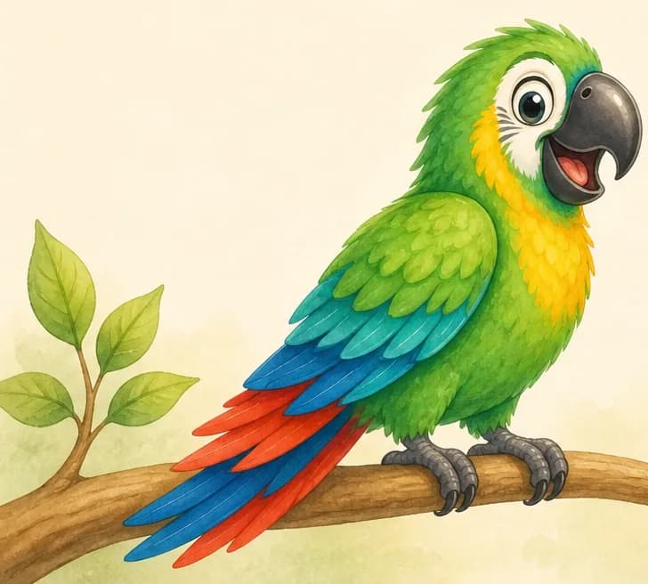 Introduce Paco. Show him perched on a branch with his colourful plumage clearly visible and his curved strong beak in profile. Simple background.