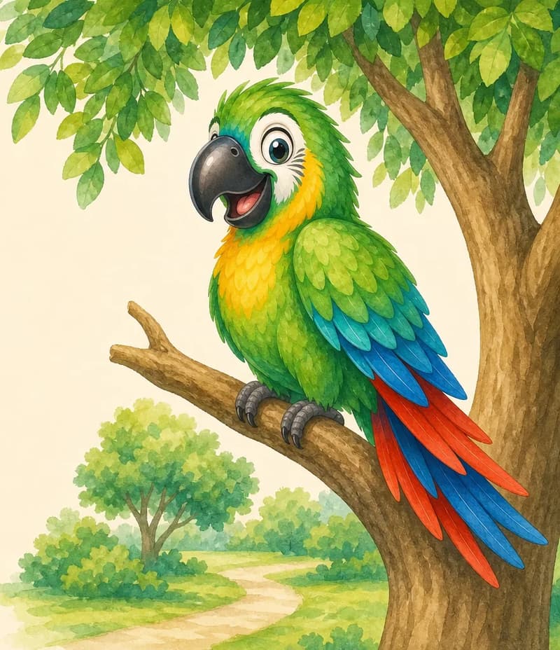 Paco perched in a tree within the park, looking calmly at home. Simple park backdrop suggested with one tree and soft greenery.