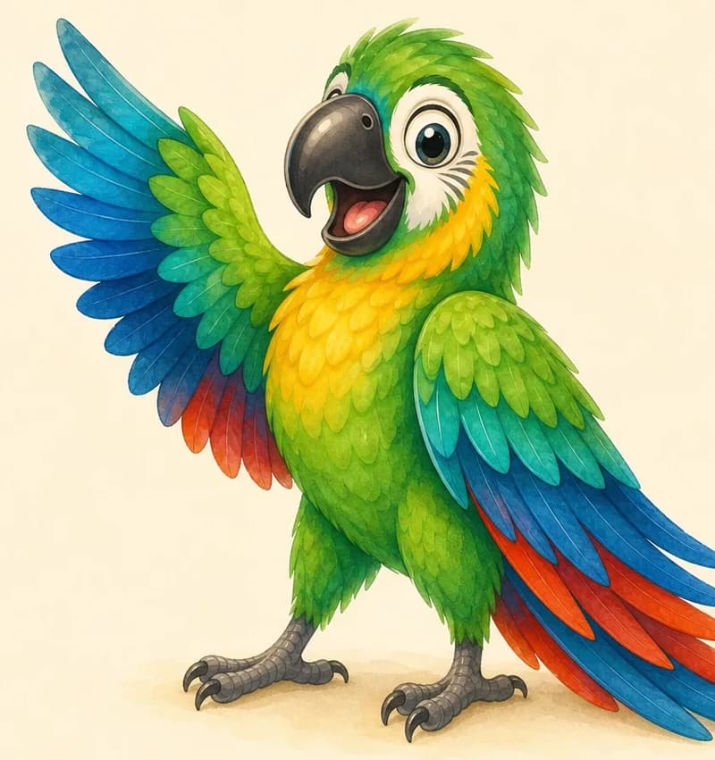 Paco proudly shows off his colourful plumage — wings partly spread to display the bright colours, head held high. Simple background that lets the feathers pop.