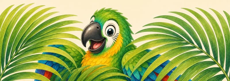 Paco peeking out from between large palm fronds, only part of his body visible. Playful, hiding mood. Palm leaves clearly framing him.