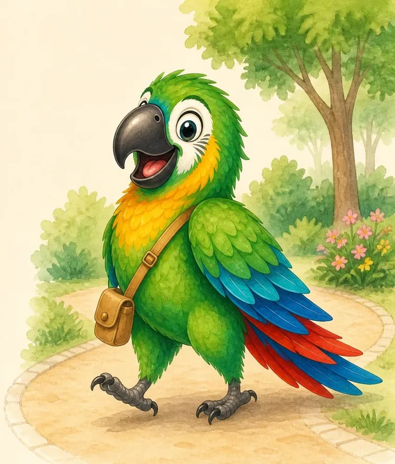 Paco walks along a park path — on the ground with his colourful plumage clearly visible, looking content as he strolls. Simple park setting. Closing-page warm feel.