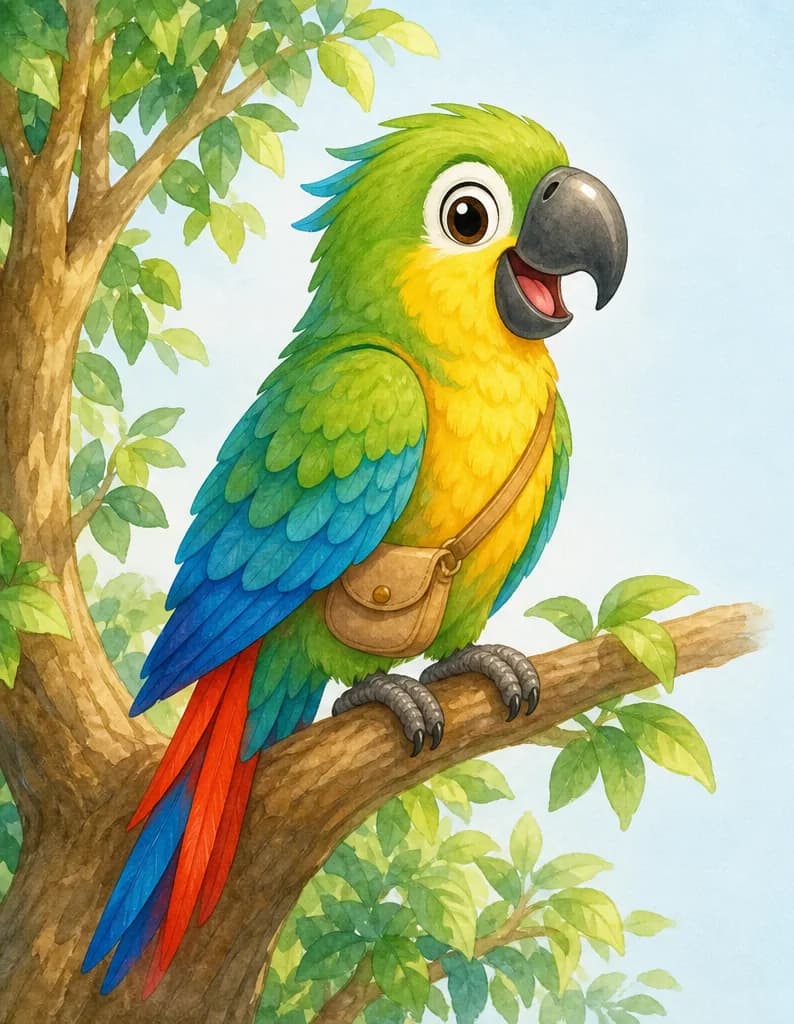Introduce Paco. Show his full body perched on a sturdy branch, side profile so his showy colourful plumage and curved, strong beak are clearly visible. Mood: confident, welcoming.