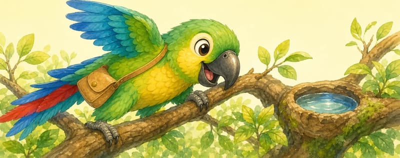 Paco mid-action: climbing along the branch of a leafy tree using his beak and feet, with wings partly extended for balance. A small puddle or shallow water source can sit on a nearby branch knot to nod to the freshwater detail. Mood: agile, capable.