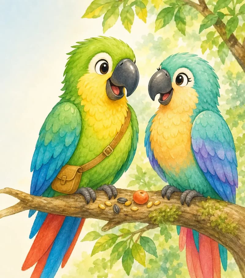 Paco and Paula perched together on a branch in the nature park, meeting for the first time — heads turned toward each other in friendly greeting. A few seeds or a small fruit visible on the branch to nod to the diet. Mood: sweet first meeting.