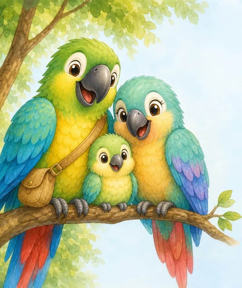 A family group portrait: Paco and Paula perched side by side on a branch with baby Paquito nestled small between them. All three look happy and together. Mood: family warmth.