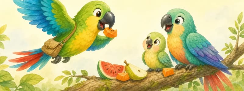 Paco flying toward Paula and Paquito carrying a small piece of orange papaya in his beak. Paula and Paquito wait happily on a nearby branch, looking up at him. Mood: generous, loving family scene.