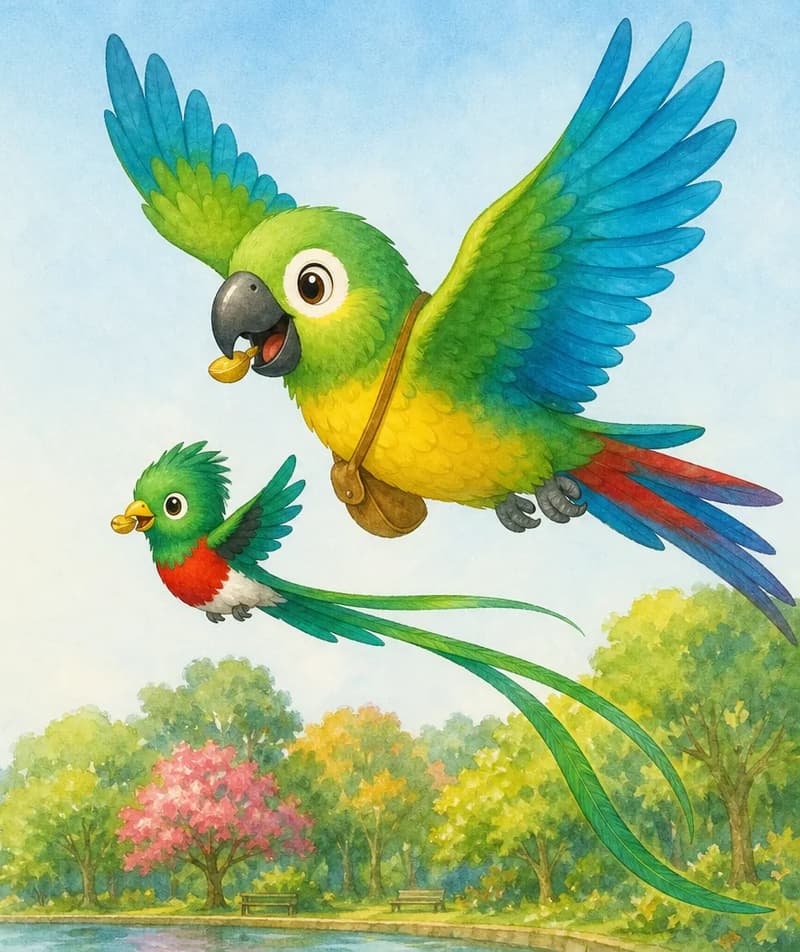 Paco and Quique flying side by side through the park sky, both with happy expressions. Quique's long tail trails behind him; Paco's colourful plumage spreads with the wing beat. They each carry a small seed or piece of fruit in their beaks. Mood: joyful friendship in flight.