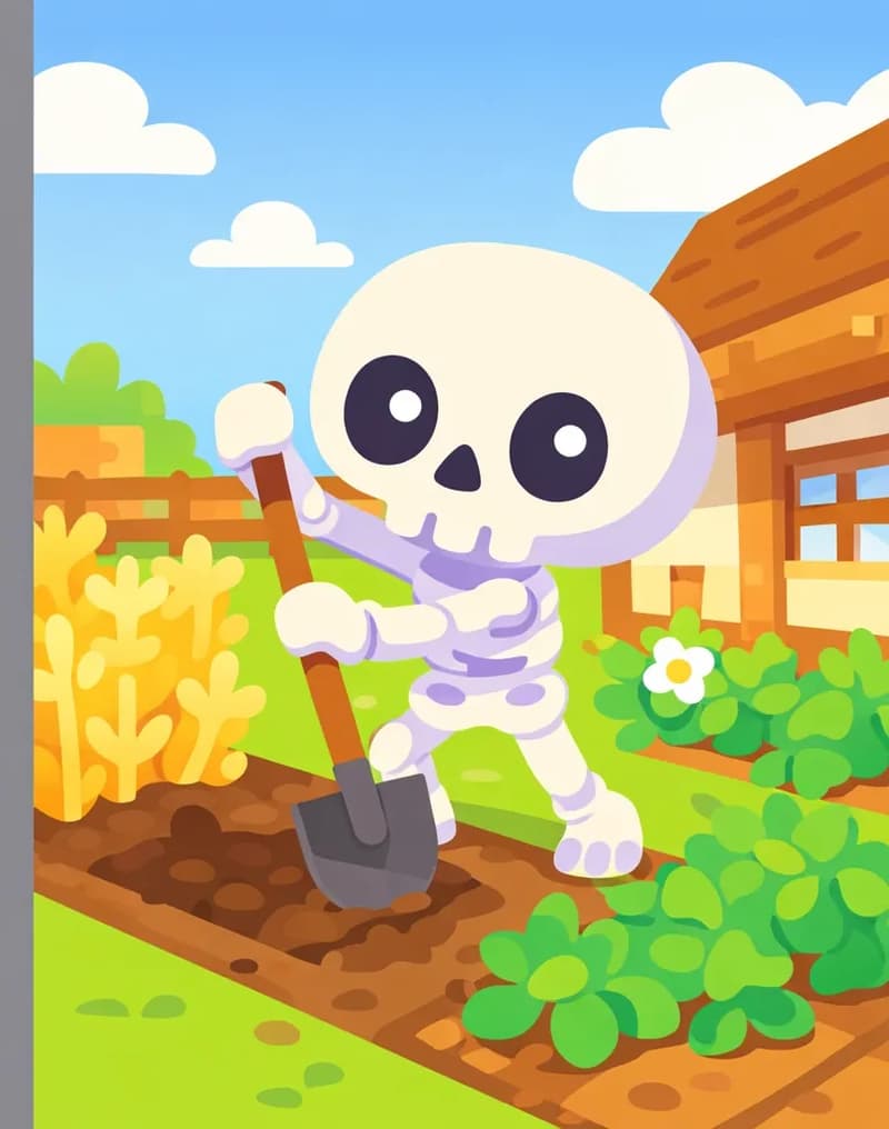 On the right side of the image, Skel stands in a garden area beside a wooden house, actively chopping at a patch of soil with a small wooden hoe, with one hand raised mid-swing. He has an enthusiastic, energetic expression. He is surrounded by crops — golden wheat and green plants — with a small white flower nearby, showing the results of his planting. The scene is outdoors on a bright day with blue sky and clouds visible above, set in a suburban yard with a wooden structure behind him.