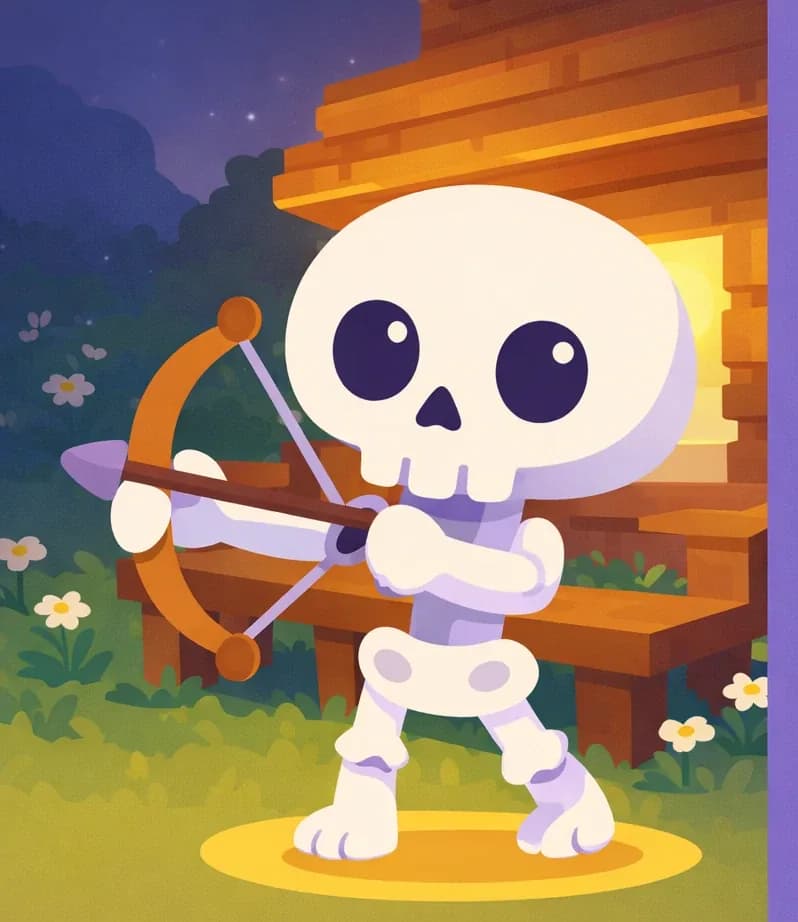Skel stands on the left side of the image in front of a wooden bench, looking restless and eager with wide eyes and an animated posture, as if ready to dash off. The scene is set outdoors at dusk with a darkening sky, near a wooden cabin or shelter surrounded by grass and small white flowers. Skel appears wide awake and standing upright rather than sitting or lying down, matching his refusal to nap.
