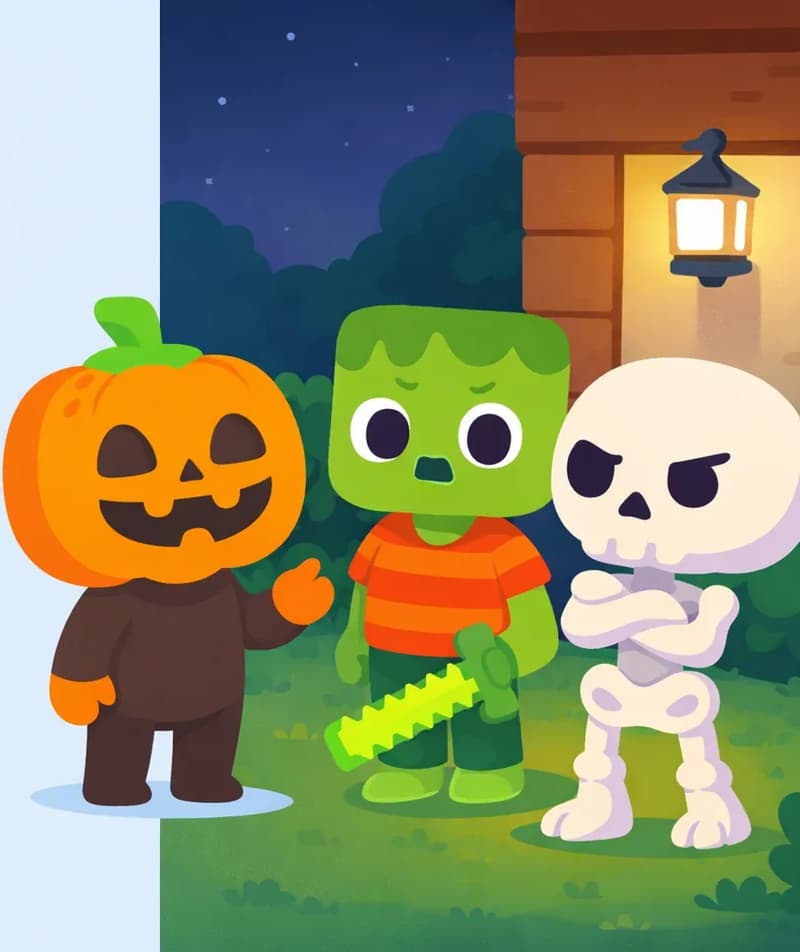 On the right side of the image, Jack, Zom, and Skel stand together in a group outside a wooden house at nighttime, lit by a warm lantern on the wall. Jack stands in front of Skel with a concerned, insistent expression, one orange mitten-like hand raised as if lecturing. Zom stands beside Jack, also looking worried, holding his pixelated light-green sword at his side. Skel faces them with a stubborn, dismissive expression, arms slightly crossed. The scene is set in a suburban yard with small bushes and patches of grass, under a dark evening sky.